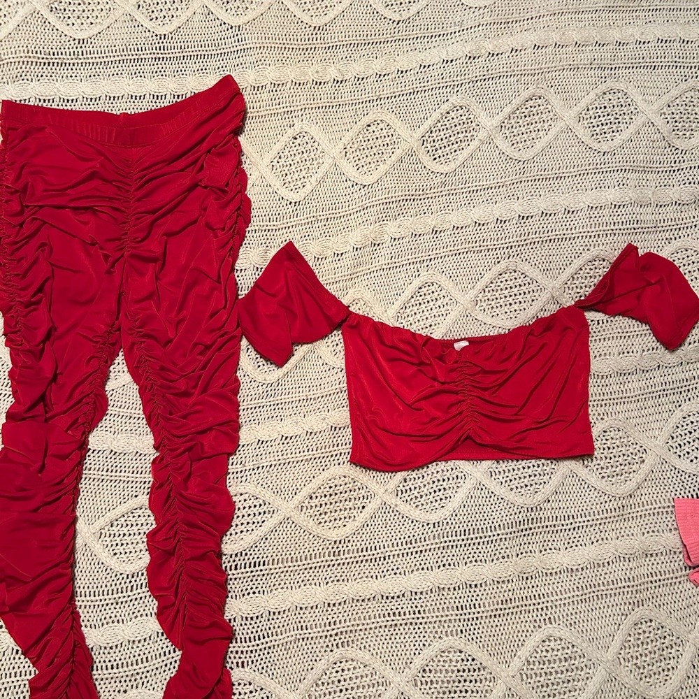 Women Red Ruched Legging Set Large